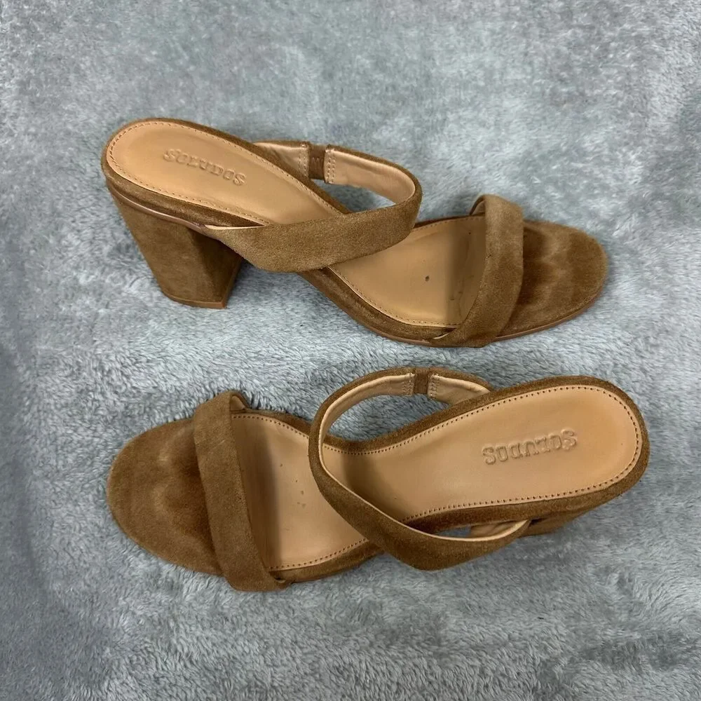 Soludos Block‎ Heel Suede Sandals Womens 8.5 Tan Brown Good Mule Two Strap